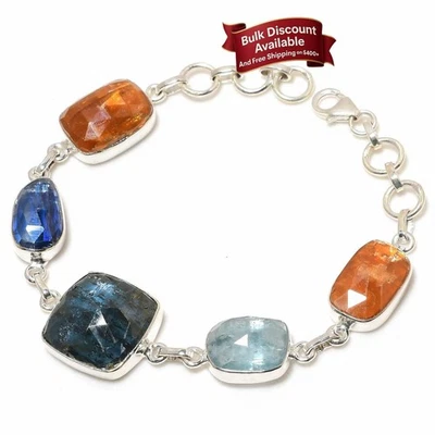 Kyanite Gemstone 925 Solid Silver Elegant Daughter Chain Throat Chakra Bracelet - Image 1 of 4