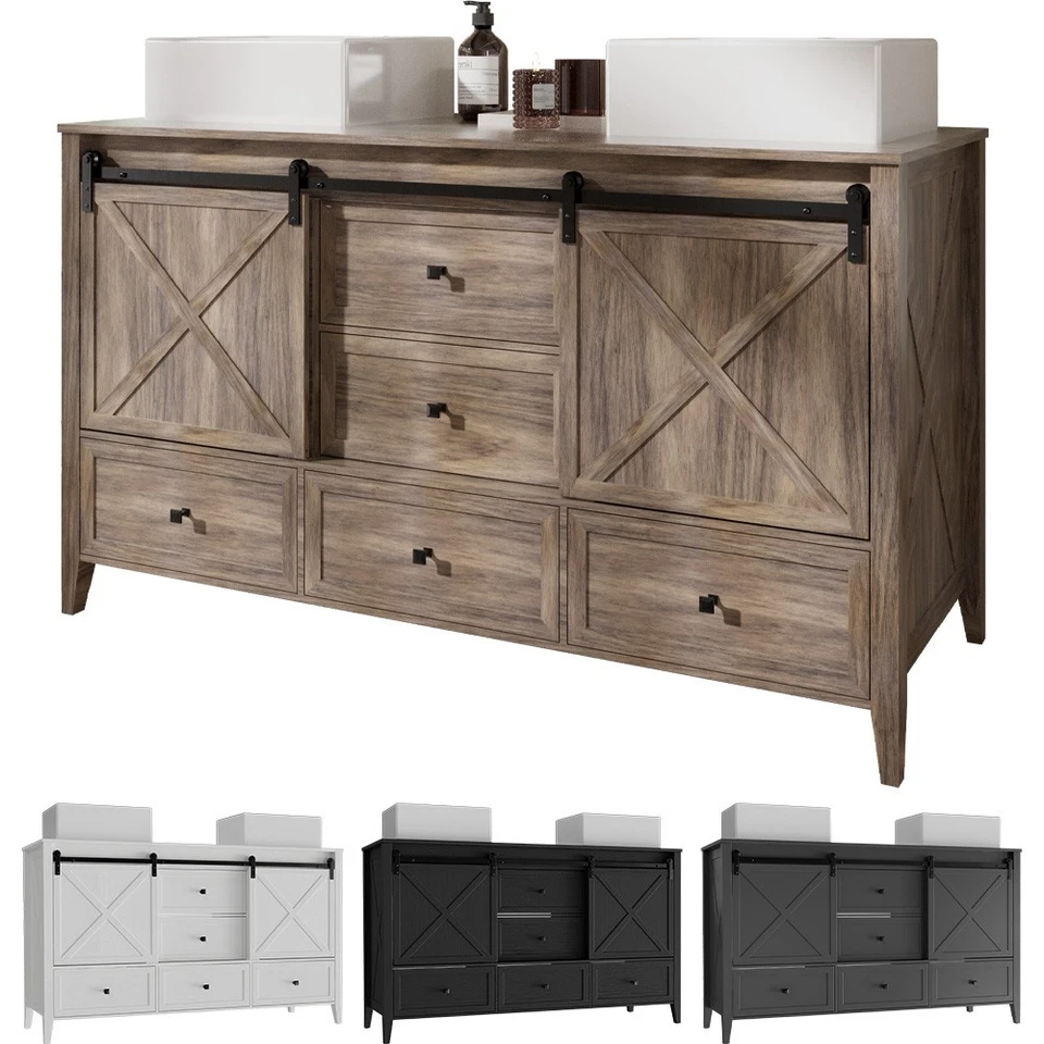 Juego de tocador de baño de 60 pulgadas doble lavabo de cerámica gabinete independiente grano de madera Foto 1 de 4