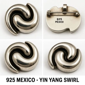 Vintage Mexico 925 Sterling Yin Yang Swirl 1.5" Brooch Pendant Modernist Silver - Picture 1 of 4