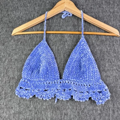 Ручной работы крючком с бретелью через шею бюстгальтер верхний Periwinkle синий вязаный богемное фестиваль Топ Sm S - Изображение 1 из 4