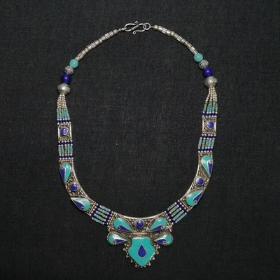 Collar de decoración turquesa con incrustaciones de plata ChinaTibet antiguo de 17,7 pulgadas colección Foto 1 de 4