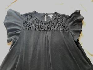 BLOUSE BLACK "GREIGE"  M   BUTTERFLY SLEEVE  BRAIDED CHEST PARTITION & PLEAT - Picture 1 of 13