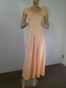 Vtg 70s Disco Slinky Nylon Peach w Brown Ringers Cap Sleeve Maxi Length Dress S - Picture 1 of 9