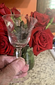 UNK9617 Flared Gray Cut Floral Liquor Cocktail Bulbous Stem 4 1/2" Set of 2 - Picture 1 of 7