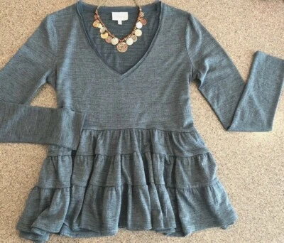 DELETTA for Anthropologie ~ Blue "Thea" Ruffled Peplum L/S Knit V-Neck Top XS - Image 1 of 4