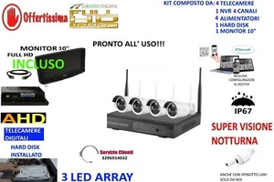 KIT VIDEOSORVEGLIANZA WIRELESS FULL HD IP 4 TELECAMERE 2 MPX WIFI MONITOR 10" 1  - Foto 1 di 4
