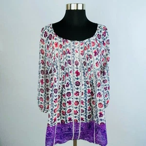 Relativity Top Womens Lightweight Bohemian Pleated Floral Popover Purple Hem S - Picture 1 of 8