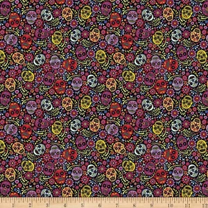Eternally Yours Sugar Skulls Black Cotton Fabric - Picture 1 of 4