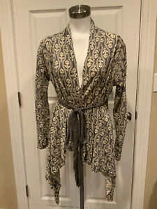 Field Flower Gray & Cream Floral Long Asymmetrical Belted Cardigan, Size Large