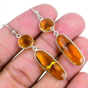 Citrine Treated Gemstone Trendy Dangle Hook Valentine Gift Earrings Solid Silver - Picture 1 of 8