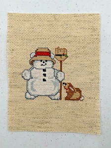 Cross Stitch Whimsical Jolly Snowman And His Puppy Winter Holiday Finished Piece - Picture 1 of 11