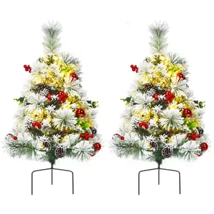 2PCS 2 Ft. Pre-Lit Snow Flocked Artificial Christmas Tree Pathway Xmas Tree W/8  - Picture 1 of 12