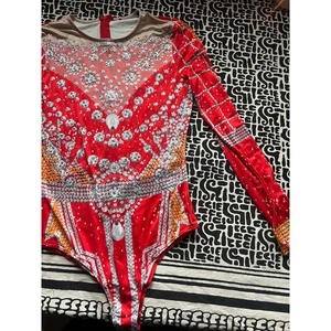 Red Cheeky Bodysuit, Bling Bejeweled Print - Picture 1 of 6