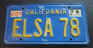 VINTAGE CALIFORNIA BLUE LICENSE PLATE "ELSA 78" TAPE RESIDUE, WILL CLEAN UP - Picture 1 of 2