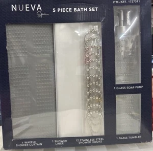 Nueva Spa 5 Piece Bath Set, Curtain, Liner,Hooks, Soap Pump,Tumbler- Navy Blue - Picture 1 of 1