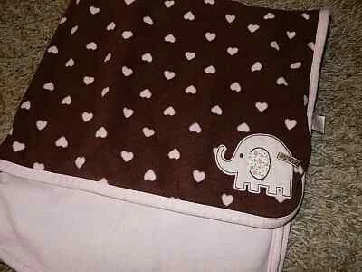 7C 30x30 Carter's ELEPHANT Cutie Brown Pink Heart Fleece Crib Baby Blanket - Image 1 of 4
