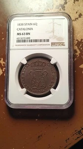 1838 Catalonia Spain 6 Quartos Isabella II NGC MS63 BN Outstanding Example 2361 - Picture 1 of 4