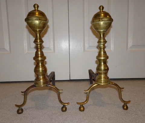 Antique Pair of Brass Andirons - American Federal Period? 17" tall Cover