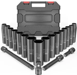 Meterk 20 STCK. Schlagschrauber Steckdose Set 1/2 Antrieb metrisch tief Cr-V I - Bild 1 von 5