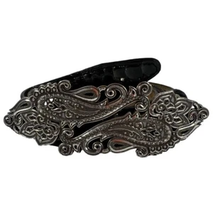Vintage Brighton Leather Belt Sz 32 Black Large Silver Plated Buckle Snakeskin - Bild 1 von 9