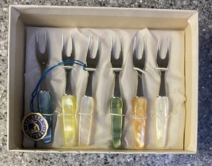 Antipasto vintage Solinger Wertarbeit Fribal Germany 6 forchette bachelite nuovo con scatola art deco - Foto 1 di 4