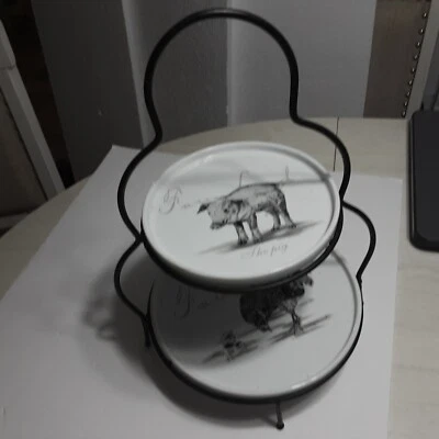 16 Inch Wrought Iron 2 Tier Serving Tray Stand with ceramic top & bottom plates - Image 1 of 4