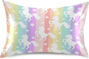 Satin Pillowcase for Hair and Skin, Queen Size Cute Licorne Rainbow Stripe Decor - Picture 1 of 8