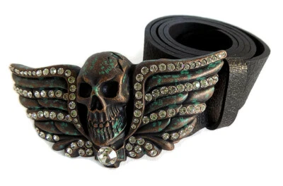 WASHED UP HOLLYWOOD #018PM 1½” CRYSTAL SKULL HEAD PATINA MARBLE BELT BUCKLE - Image 1 of 4