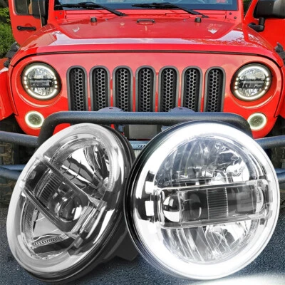 Chrome DOT Approved 7" Halo Round LED Headlights DRL For Jeep Wrangler JK TJ LJ - Image 1 of 4