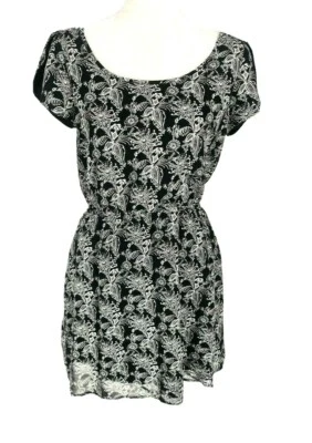 Frenchi 黑色白色花卉雪纺圆领开衩短袖连衣裙女式 M 码 — 第 1/4 张图片