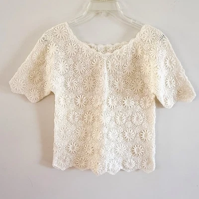 Top de manga corta vintage de ganchillo floral para mujer Cottagecore Boho Earthy Festival Foto 1 de 3