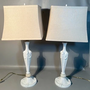 Pair 1950s French Inspired Lamps Enamel Brass Lion Heads & Wreaths Hollywood Reg - Picture 1 of 7