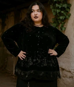 Bridgetown Collection Black Velvet Button Down Tunic Womens 2X Whimsigoth Beaded - Picture 1 of 10