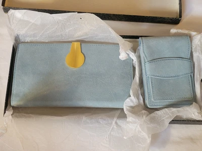 Juego de billetera clutch de cuero gamuza azul LOEWE Lt de principios de la década de 1960 con caja original Foto 1 de 4