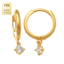 14K Real Solid Gold Round Cz Drop Dangle Hoop Huggie Earring Hinged Piercing