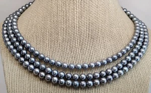 Estate Solid 14k Yellow Gold 6mm Grey Cultured Pearl 3 Strand Necklace - Picture 1 of 8