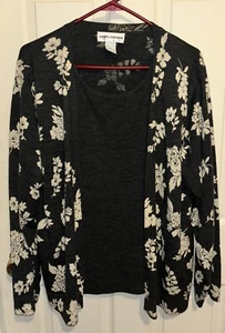 Cathy Daniel Vintage Gray And Cream Floral Wool Cardigan W/built In Shirt XL - Picture 1 of 4