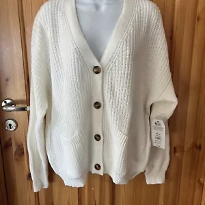 Ivory Cardigan, Four Button Front Pockets, Large, Cotton Knitted Sweater Women’s - Picture 1 of 7