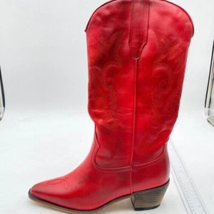 Red Cowboy Boot Pull On Western Pointed Toe Chunky Heel Cowgirl Mid Calf Boots - Picture 1 of 6