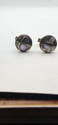 复古墨西哥羊驼银 0.925 和鲍鱼袖扣艺术家标志  — 第 1/4 张图片