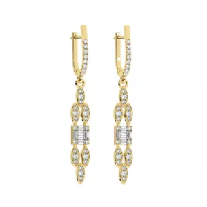 0.80 Ct Pave Set Round & Baguette Cut Diamonds Dangler Earring 18K Yellow Gold - Picture 1 of 4