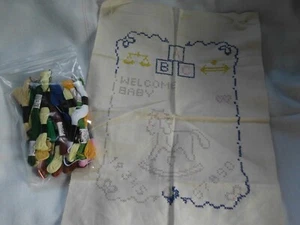 PRINTED CROSS STITCH BABY BIRTH SAMPLER ~ AS FOUND with THREADS VINTAGE - Picture 1 of 9