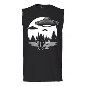 Best Friends Alien Bigfoot Moon Muscle Shirt Space UFO Sasquatch Believe Men's - Picture 1 of 29