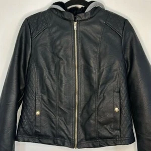 Sebby Collection NWT Women's Black Leather Jacket Faux Fur Lining Hood Sz Pet M - Picture 1 of 15
