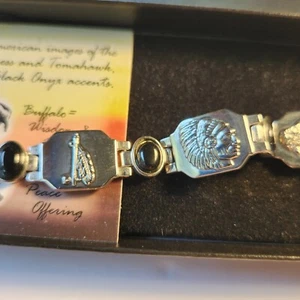 Silver Tone Link Bracelet Black Onyx Buffalo,Indian, Native American symbols,9” - Bild 1 von 8