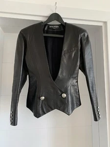 Balmain Black Leather Padded Shoulder Blazer Fr36 - Picture 1 of 11