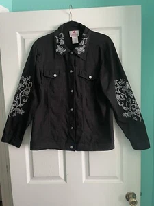 The Quacker Factory Women's Black Butterfly Rhinestone Jean Jacket Size Medium - Picture 1 of 7