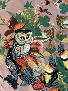 Alexander Henry Harvest Owl Fabric yd Taupe Squirrel Chipmunk Fall Foliage Leaf - Picture 1 of 12