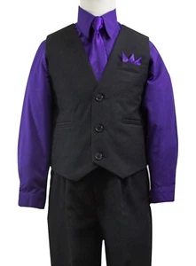 Boys Solid Black Vest Suit Set with Colored Dress Shirt, Tie, Size 2T-14 Wedding - Picture 1 of 11