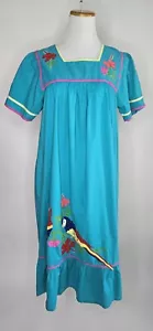 Vintage La Cera Blue Maxi Dress Parrots Birds Applique Cotton Size S - Picture 1 of 3